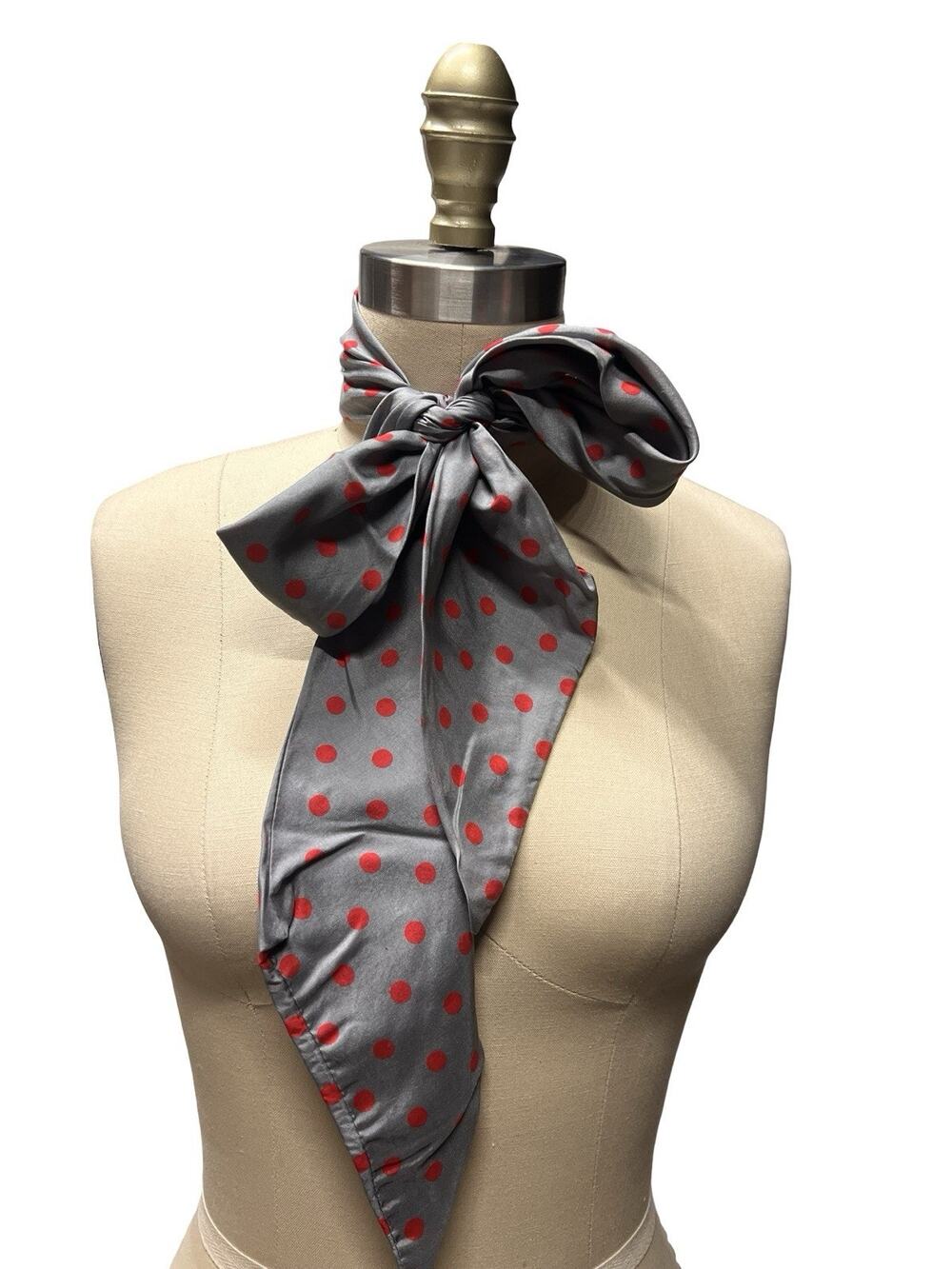 Vtg Ray Strauss Ascot Scarf 50s 60s Rockabilly Polka Dots Red Gray 60X4.5 Silk